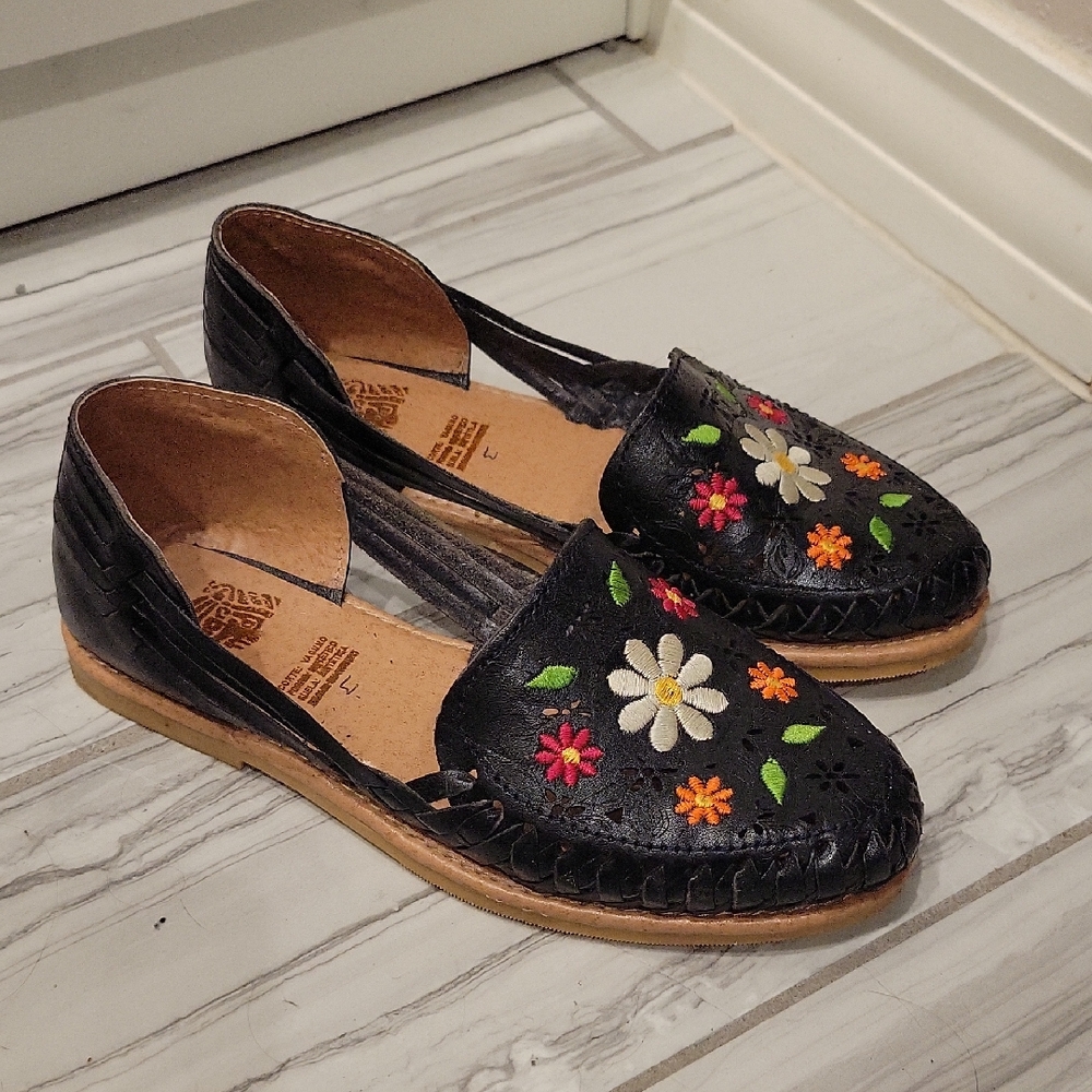 Black Floral Embroidered Leather Huarache Sandals